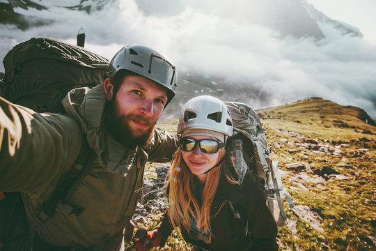 Couple Travel Selfie Man And Woman Hiking In Mountains Love And Adventure Lifestyle Wanderlust Concept