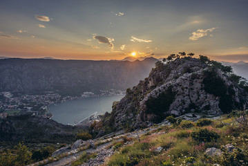Kotor Bay in Montenegro seen from mountain above Kotor coastal town