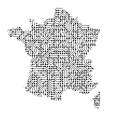 Abstract schematic map of France from the black printed board, chip and radio component of vector illustration