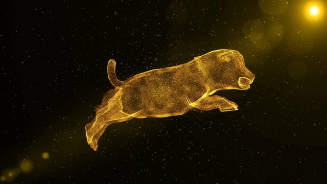 Puppy, Small Dog, Glowing Abstract Animal Running Through Particles, Fantasy 3D Animation