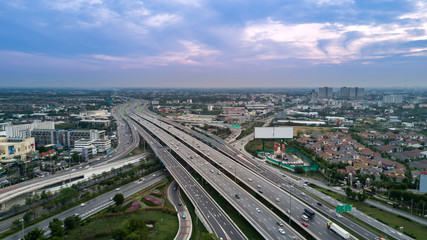 Aerial view of the highway with traffic.