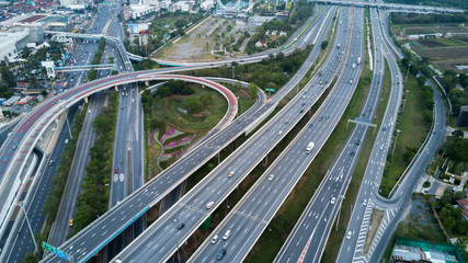 Aerial view of the highway with traffic.