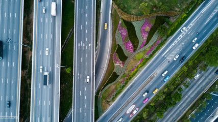 Aerial view of the highway with traffic.