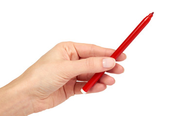 Red felt tip pen in hand, isolated on white background