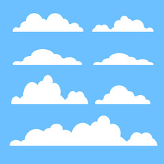 Cloud vector icon set white color on blue background. Sky flat illustration collection for web, art and app design. Different cloudscape weather symbols - obrazy, fototapety, plakaty