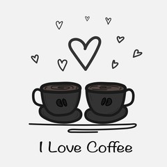 I Love Coffee Hand Drawn Vector Illustration. Doodle Art.