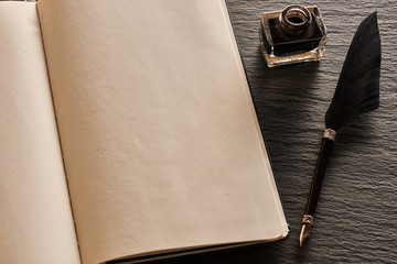 Feather pen and blank notebook page