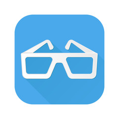Cinema glasses icon. White sign on blue square icon