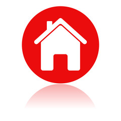 Home icon. Red round sign with a building