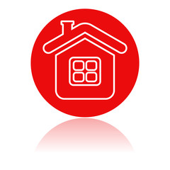 Home icon. Red round sign with a building