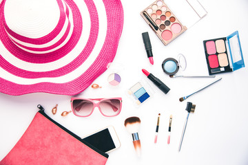 Set of decorative cosmetics for women on white background