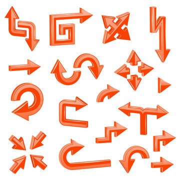 Orange 3d arrows. Set of different shiny web signs