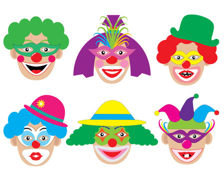 Set of face of clowns, icons. Vector illustration.