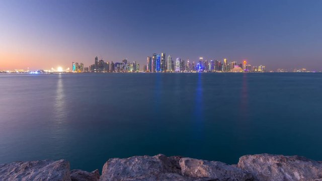 Doha downtown skyline day to night timelapse, Qatar, Middle East