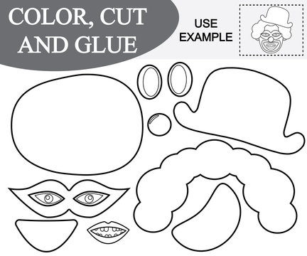 Color, cut and paste the image of toothless face of clown. Educational kids game.