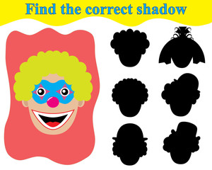 Find the correct shadow of clown’s face. Educational game for children.