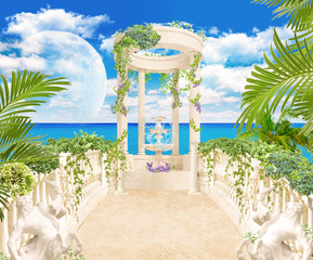 Digital fresco with modern view of ocean and columns