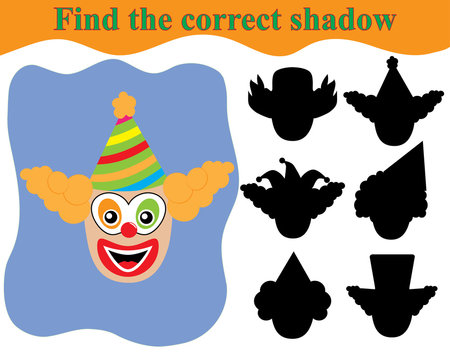 Clown’s face, find the correct shadow. Educational game for children.