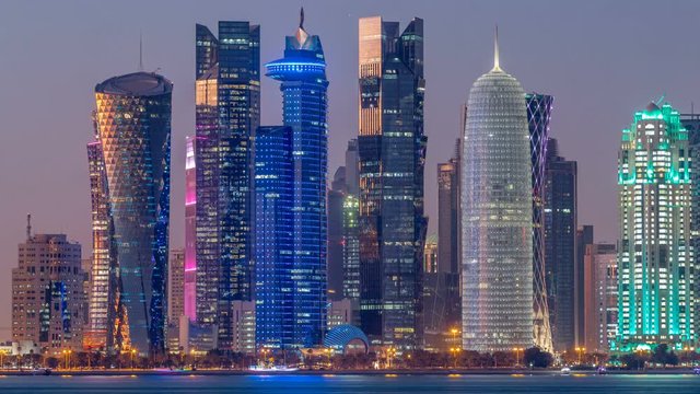 Doha downtown skyline day to night timelapse, Qatar, Middle East