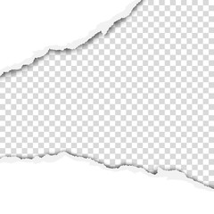 Ragged wide strip in sheet of white paper. Transparent background of the resulting hole. Vector template paper design.