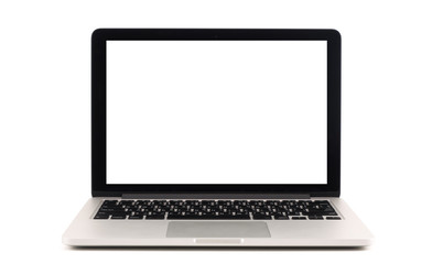 Laptop with blank white screen on white background