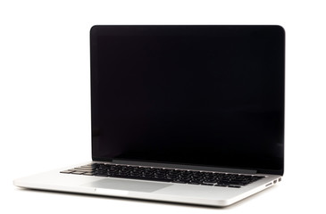 Laptop with blank white screen on white background