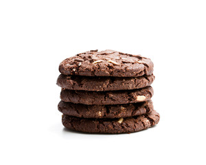 stack  of dark chocolate cookies isolated on white background