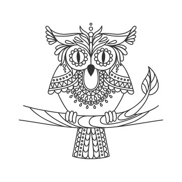 Isolated hand drawn black outline monochrome abstract ornate owl on white background. Ornament of curve lines. Page of coloring book. Front view of owl.