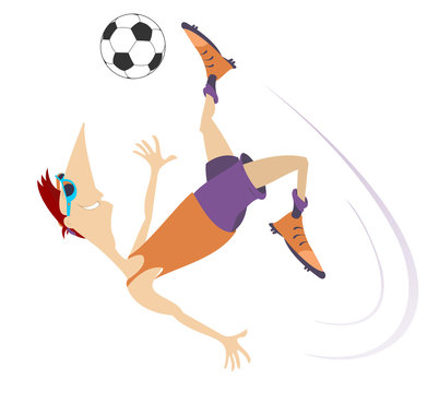 Cartoon football player kicks a ball over the head isolated on white illustration