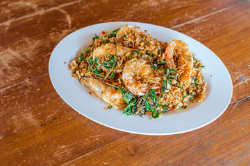 Shrimp fried hot pepper with garlic and delicious cuisine of Thailand.
