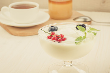 breakfast with yogurt and berries/breakfast with yogurt and berries ready to the use. selective focus
