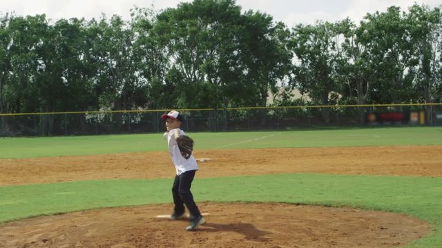 Slow motion of little boy pitching ball at baseball park