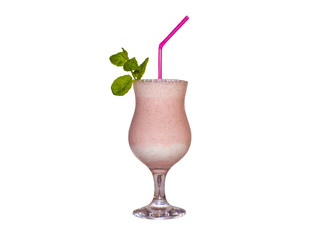 milk strawberry cocktail with mint on isolated white background