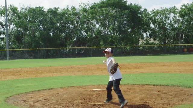 Slow motion of kid pitching ball at baseball park