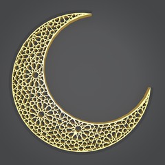 The Islamic Golden moon with traditional ornament on a gray background. Greeting card Ramadan Kareem. 3D rendering. © HENADZ