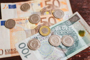 Money on the table, euro and coins