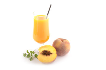 fresh peaches juice and fruit on white background
