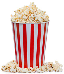 Isolated popcorn in striped bucket on white background