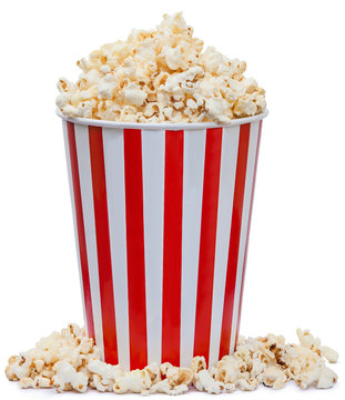 Isolated popcorn in striped bucket on white background