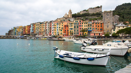 Colourful buildings in a port town along the Mediterranean 