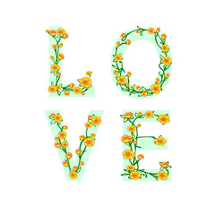 Beautiful Trendy Word Love with Flowers Isolated on White Background for Postcard or Valentines Day Decoration