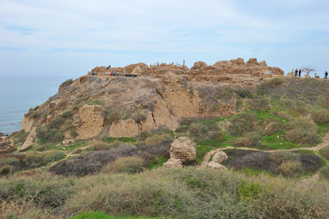 The remains of the old crusaders fortress at Apollonia-Arsuf National Park in Israel