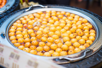 Traditional food at Jiufen in Taiwan is fish ball with soup.
