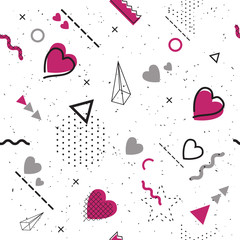 GRUNGE LOVE SEAMLESS VECTOR PATTERN. MEMPHIS ART DESIGN GEOMETRIC ELEMENTS. VALENTINES DAY BACKGROUND