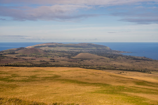 View of Hanga Roa town from Mauna Tere vaka Volcano in Easter island, Chile. Rano kau volcano at the back