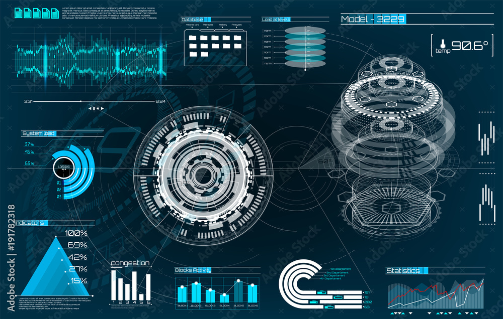 Poster HUD UI for app. Futuristic user interface HUD and Infographic elements. Abstract virtual graphic touch user interface. UI hud infographic interface screen monitor radar set web elements. Mechanisms 