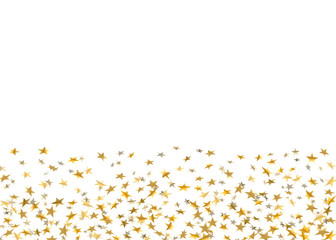 Gold stars falling confetti isolated on white background. Golden design festive party, birthday celebration, carnival, anniversary. Stars confetti decoration explosion on floor. Vector illusttration