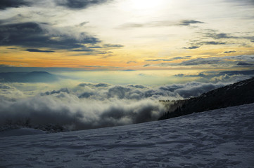 Winter inversion in mountains during sunset, Little Fatra, Slovakia