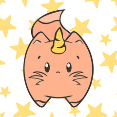 Cute cat-unicorn isolated on white background. Caticorn cartoon vector image, flat style. Cat with unicorn horn. Fat amusing kitten front view, children's image. Funny magic fantasy animal, Kitty icon