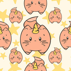 Cute cat-unicorn and stars seamless pattern for fabrics, apparel, home decoration, wrapping paper design. Simple design of magic fantasy animal. Caticorn cartoon vector image. Cat with unicorn horn